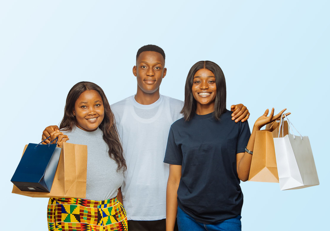 Group of STUBUD friends celebrating successful shopping trip at Abuja university