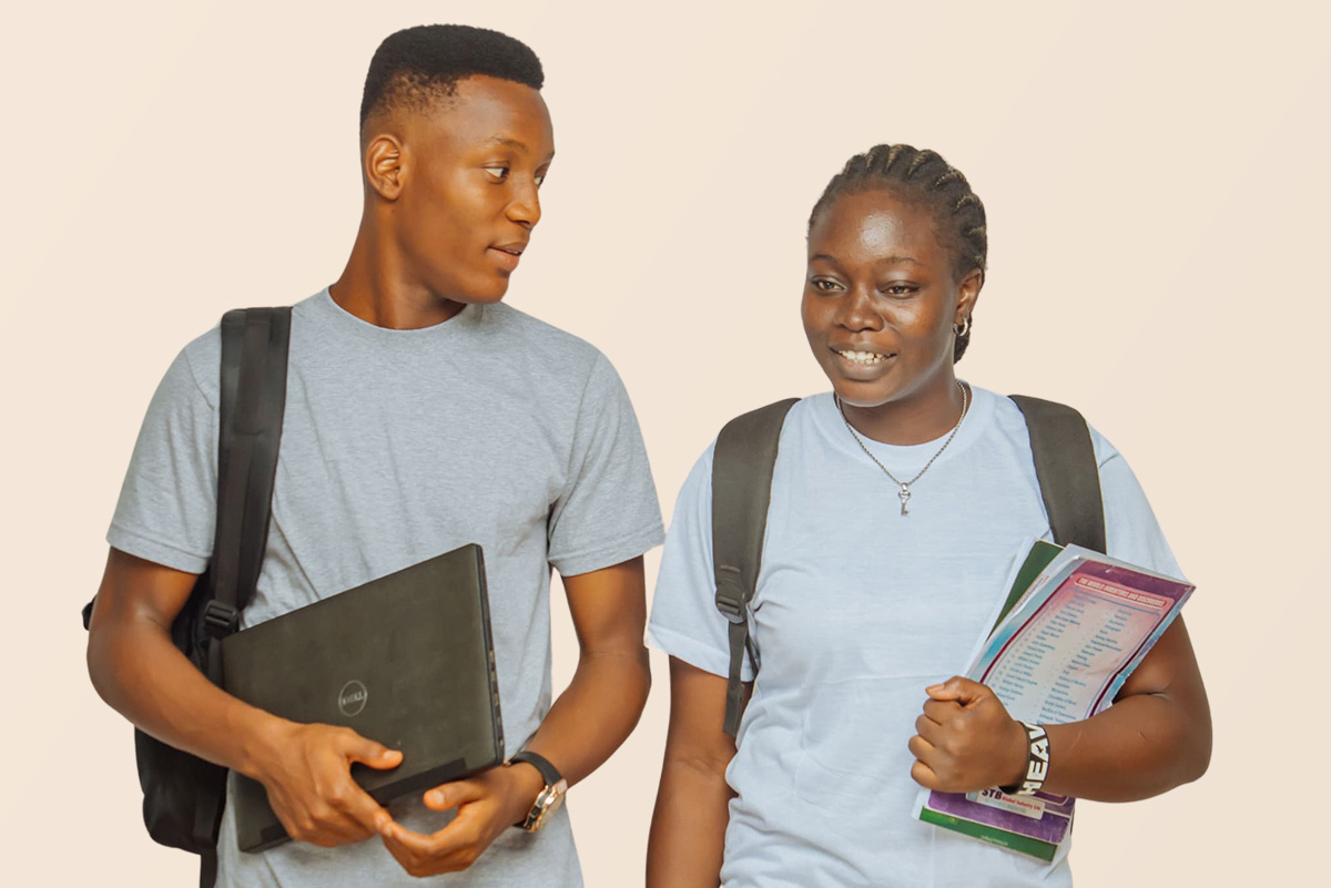 University Students discussing student discount mobile app features with backpacks on campus
